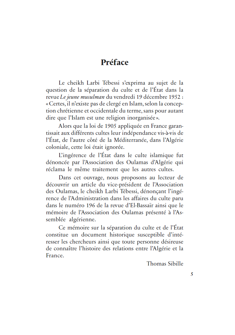 Mémoire sur la séparation du culte et de l'Etat présenté par l'Association des Oulamas d'Algérie éditions Héritage - 2